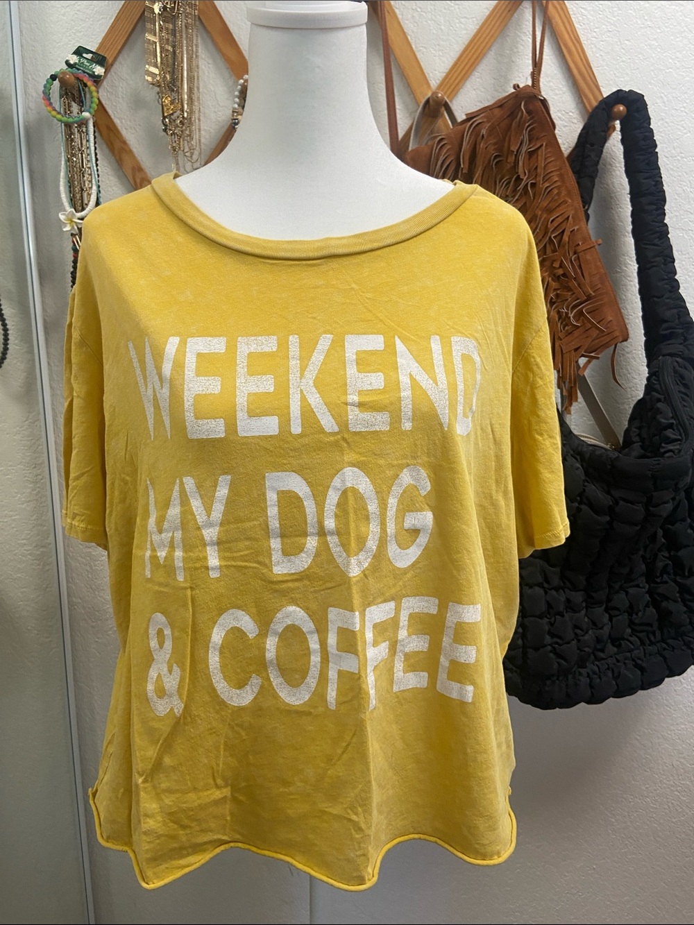 Grayson Threads, Weekend My Dog & Coffee Yellow Graphic Tee, Crop Top, large